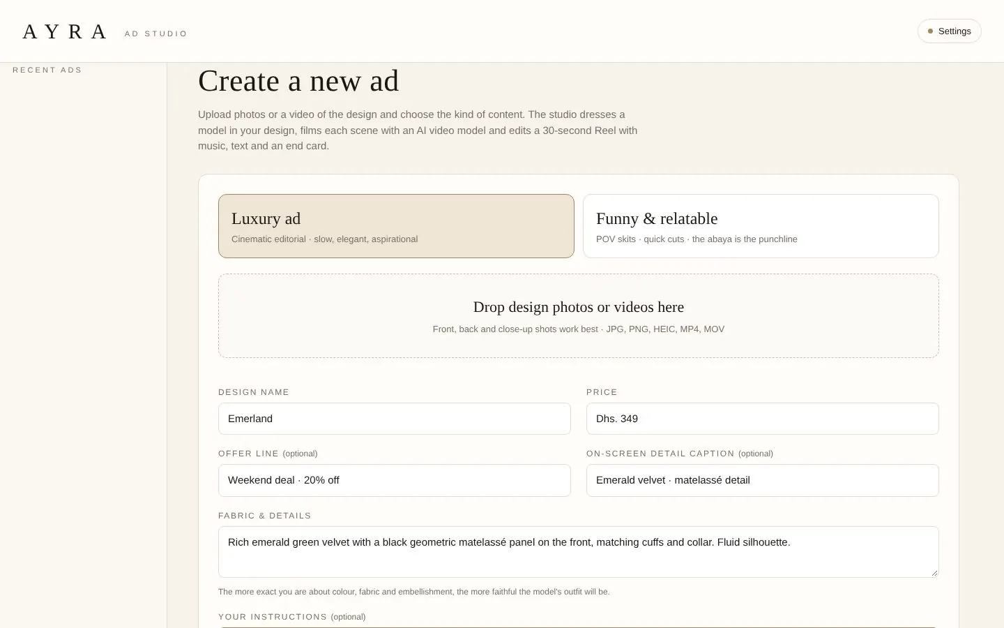 AI ad studio app for an abaya brand, creating a new video ad from design photos