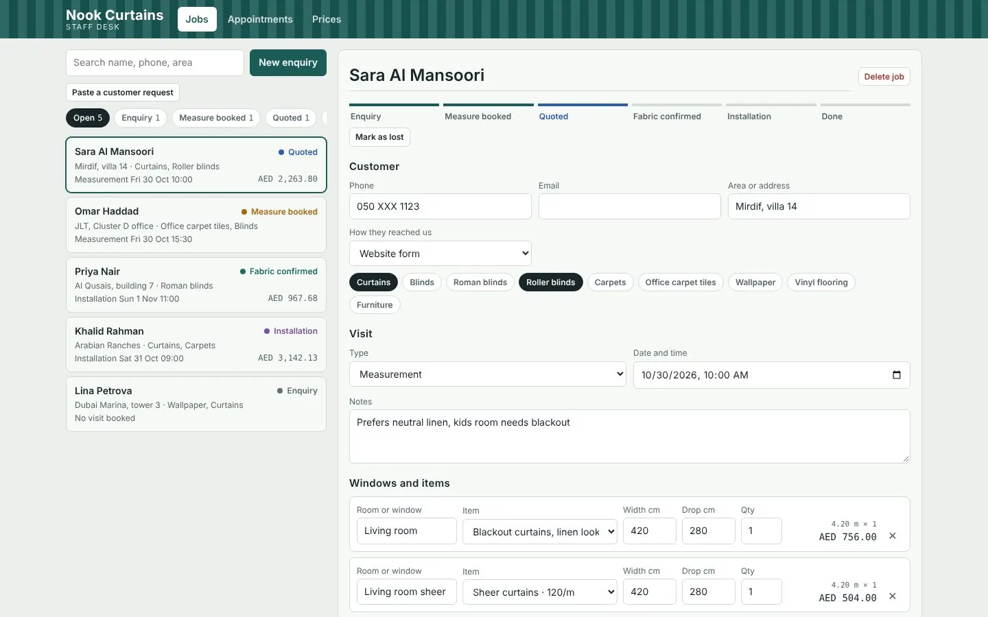 Staff desk web app for a curtain company showing jobs, stages and a quote