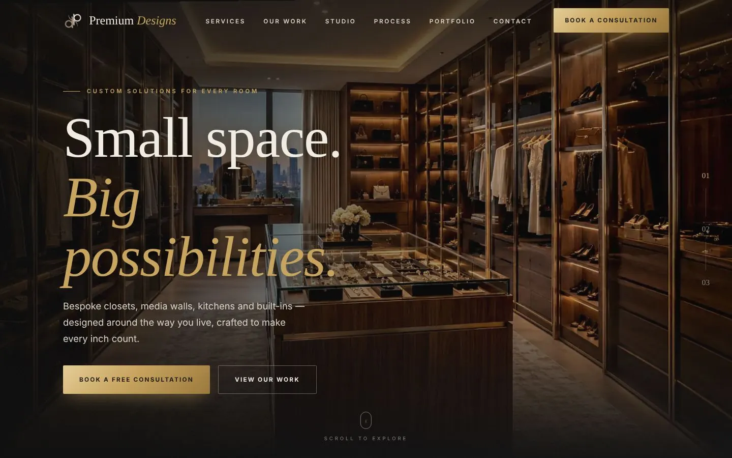 Custom closet and kitchen company website with a walnut walk-in closet